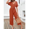 Women Jumpsuit Short Sleeved Waist Strap Casual Crop Rompers