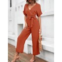 Women Jumpsuit Short Sleeved Waist Strap Casual Crop Rompers