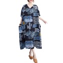 Women Loose Dress with Pockets Vintage Printed V Neck Half Sleeves Holiday Dress Robes