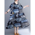 Women Loose Dress with Pockets Vintage Printed V Neck Half Sleeves Holiday Dress Robes