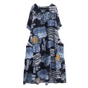 Women Loose Dress with Pockets Vintage Printed V Neck Half Sleeves Holiday Dress Robes