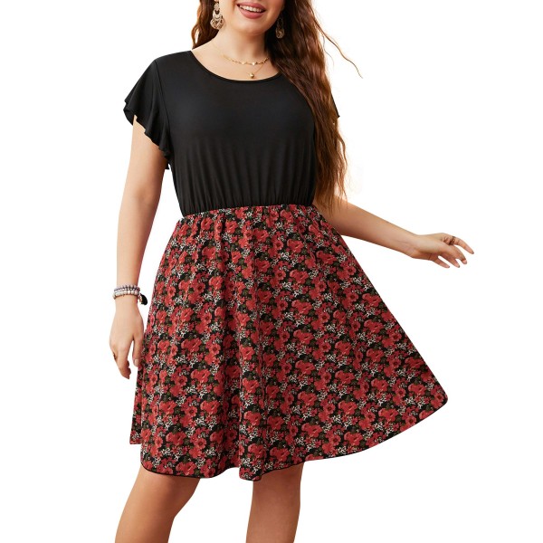 Women Plus Size Dress Short Sleeved Splicing High Waist Casual Dress