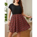 Women Plus Size Dress Short Sleeved Splicing High Waist Casual Dress