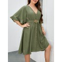 Women Plus Size Dress Half Sleeved Waist Strap Casual Dress