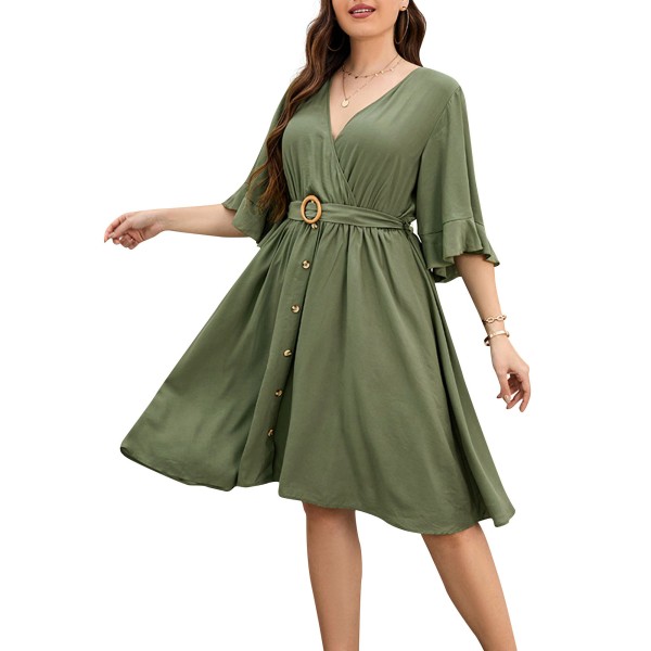 Women Plus Size Dress Half Sleeved Waist Strap Casual Dress