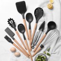 Silicone Kitchenware Set 10Pcs Kitchen Utensils Set Silica Gel Cooking Utensils Set Heat Resistant Kitchen Tools Wooden Handle with Storage Barrel