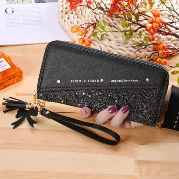Women Wallet Clutch Bag Glitter Splicing PU Leather Zipper Card Cellphone Holder Mini Purse